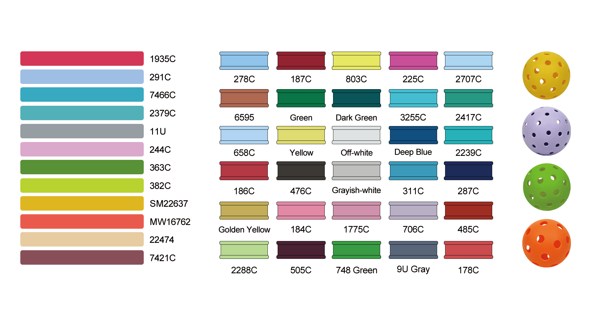 Full color chart with Pantone swatches, edge-guard color options and pickleball colors for paddle customization