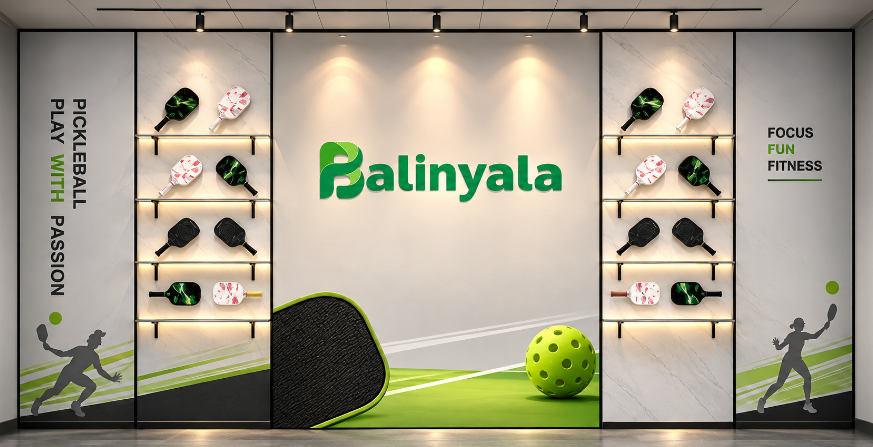 Balinyala showroom wall with paddle display shelves, green Balinyala signage and pickleball