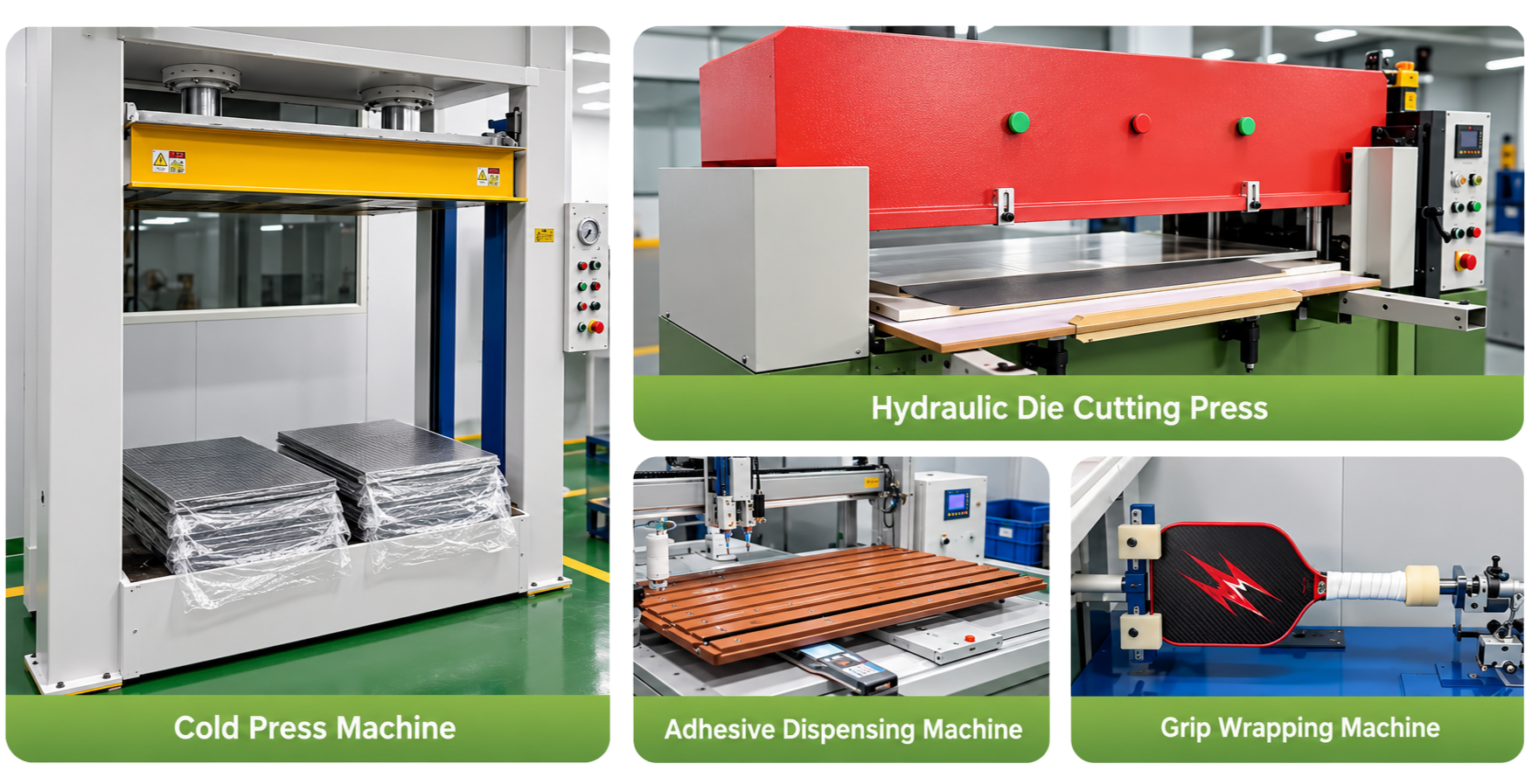 Factory machine collage: cold press machine, hydraulic die cutting press, adhesive dispensing machine and grip wrapping machine