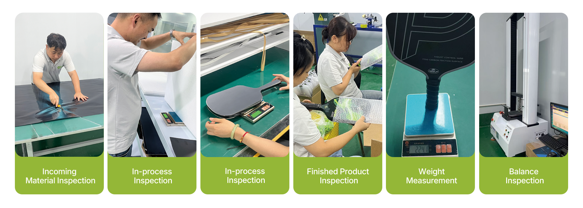 Factory quality-control collage: incoming material inspection, in-process inspection, finished product inspection, weight measurement and balance inspection
