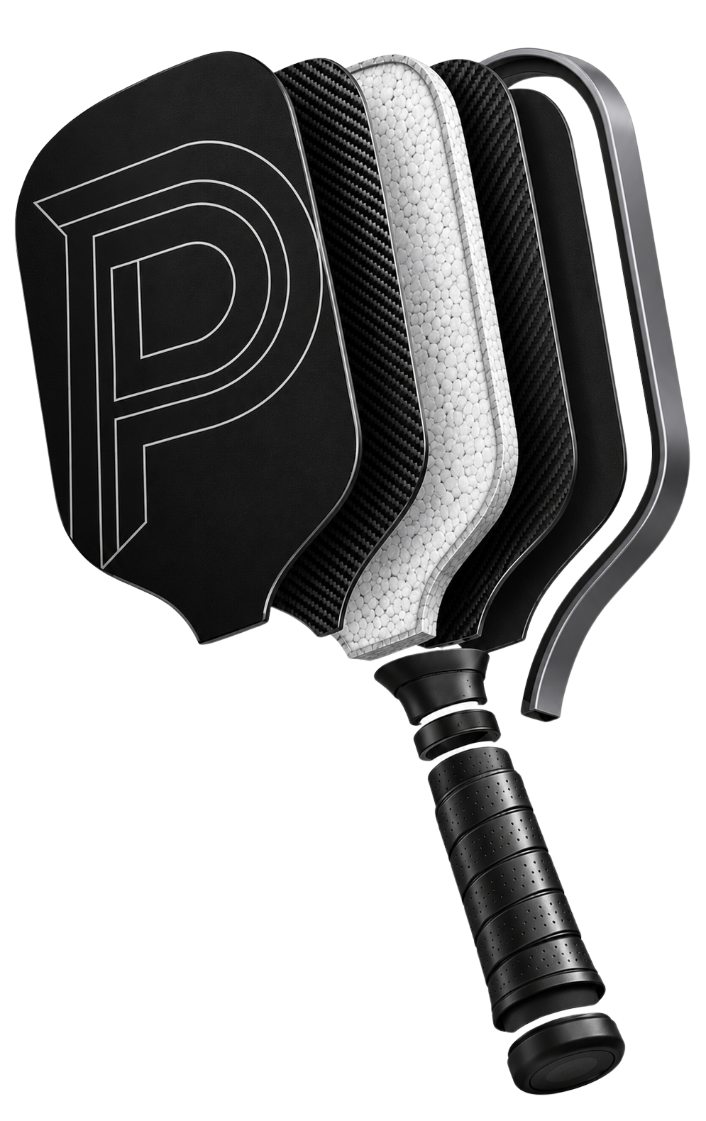 Exploded cutaway view of a pickleball paddle showing its face, carbon layers, foam core, frame and grip