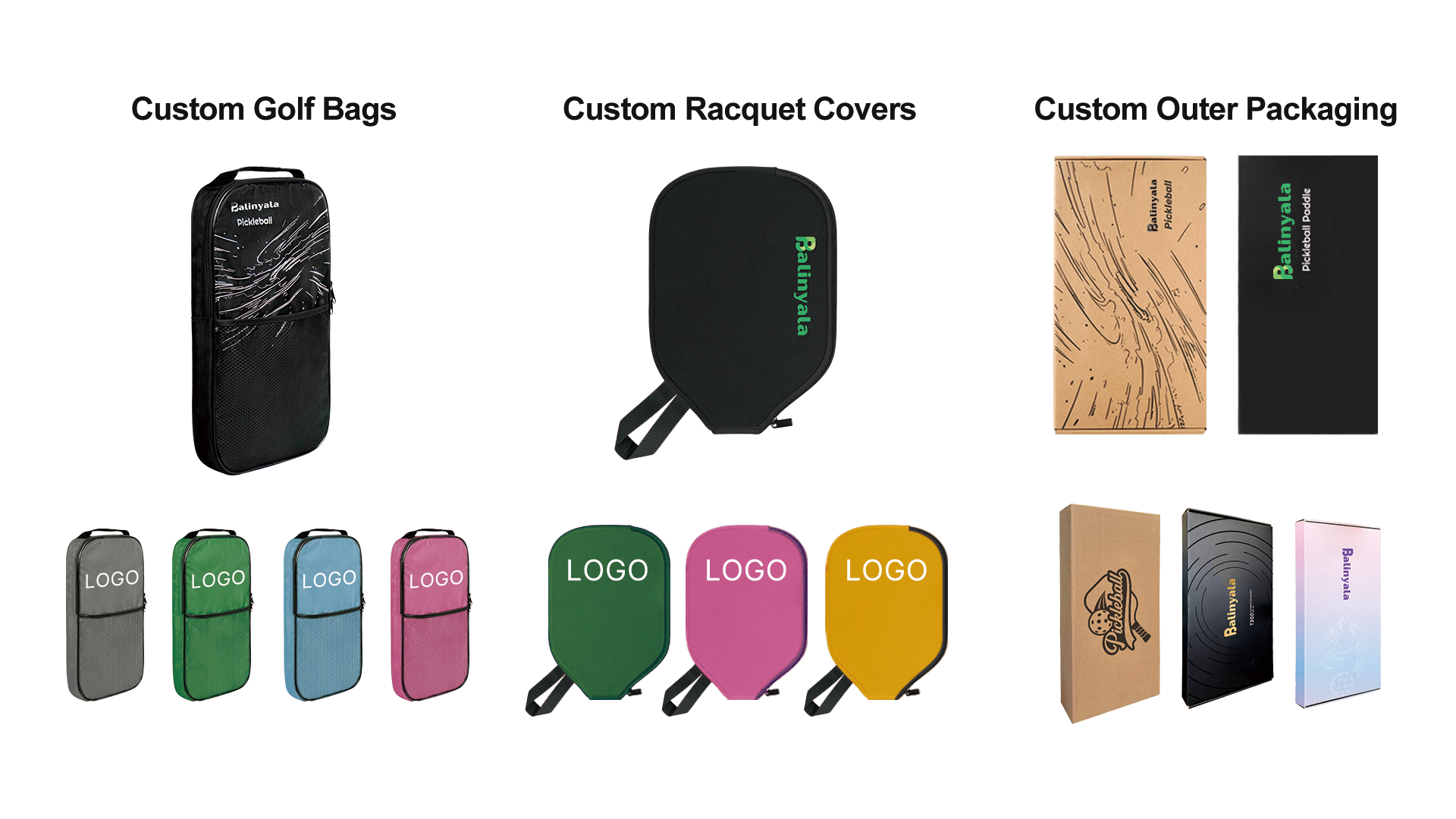 Custom Balinyala golf bags, racquet covers and retail outer packaging with logo placements